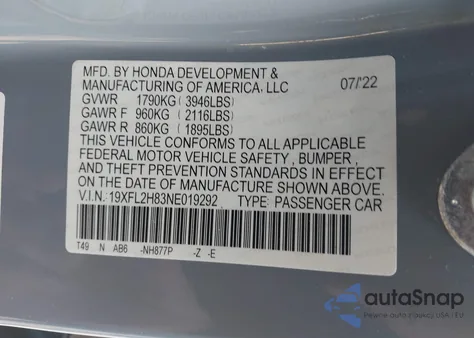 2022 Honda Civic Sport z USA, uszkodzony, nr VIN 19XFL2H83NE019292